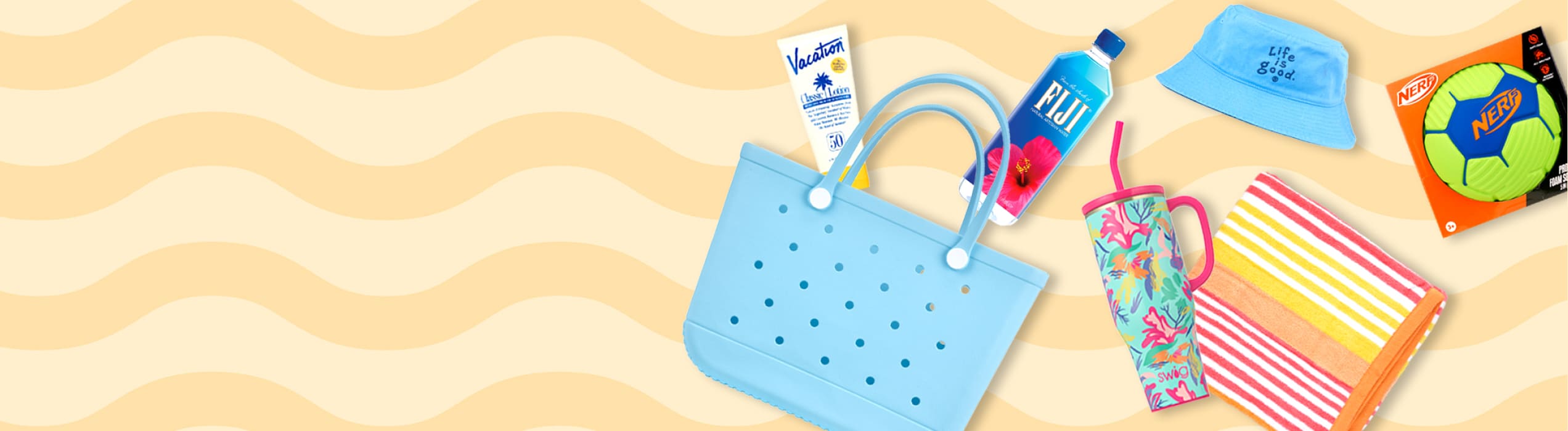 Assortment of items for the beach, including Vacation brand sunscreen, a hat and a beach towel, on top of an illustration of sand.