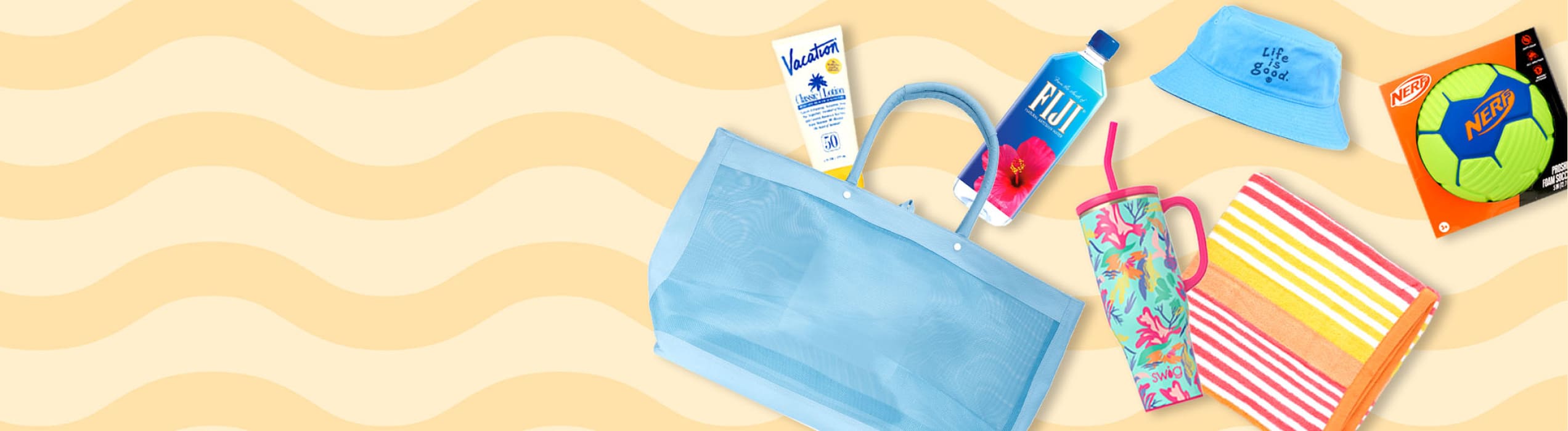 Assortment of items for the beach, including Vacation brand sunscreen, a hat and a beach towel, on top of an illustration of sand.