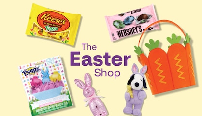 The Easter Shop. Products include a bag of Reese's peanut butter eggs, a stuffed Snoopy in a bunny costume and a felt Easter basket with carrot shapes.