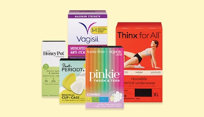Five products, including a box of The Honey Pot Company wipes, a package with a Best Period menstrual cup and case, and a box of Pinkie Tween and Teen menstrual pads.