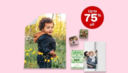 Two photo magnets showing a dog and kids, a St. Patrick's Day card with a photo of a couple embracing and a repositionable poster of a child in a field of flowers.