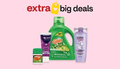 Four products, including a bottle of Zyrtec tablets, a tube of Crest 3D White toothpaste and a bottle of Gain laundry detergent.