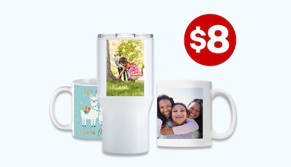 A mug with an illustration on it, a mug with an image of three friends and a travel tumbler with an image of a child hunting Easter eggs.