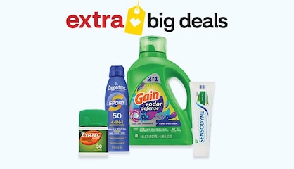 Four products, including a bottle of Zyrtec tablets, a spray bottle of Coppertone sunscreen and a tube of Sensodyne toothpaste.