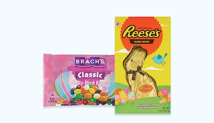 A bag of Brachs Jelly Bird Eggs jelly beans and a Reese's peanut butter rabbit.