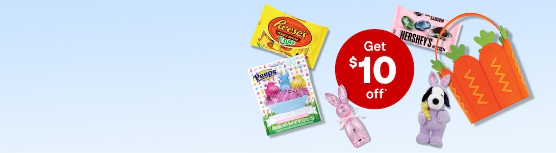Six products eligible for same-day delivery, including Reese's eggs, a chocolate rabbit and a Snoopy plush dressed as a rabbit.
