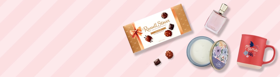Four gift ideas for Mom, including a box of Russell Stover chocolate candy, a lilac-scented candle and Lancome Miracle perfume.