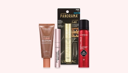Four L'Oréal Paris products, including Lumi Glotion, Paradise Big Deal mascara and Infallible three-second setting mist.