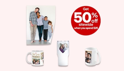 Four photo gifts, including a repositionable poster with a family photo on it, a mug with the text 'Love you, Grandma' and a travel tumbler with a photo of a couple in a heart shape.