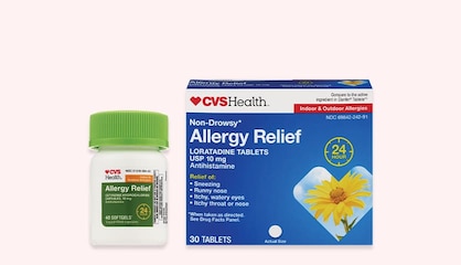 A bottle of CVS Health allergy relief soft gels and a box of CVS Health non-drowsy allergy relief tablets.