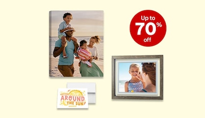 Three photo products showing summer family activities: a canvas print, a floating frame and a card.