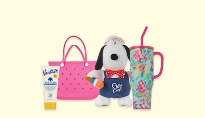Four summertime products, including sunblock, a beach bag and a travel cup.