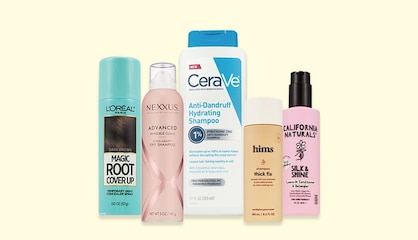 Five Big Hair Event products, including L'Oreal root coverup, Nexxus dry shampoo and CeraVe anti-dandruff shampoo.