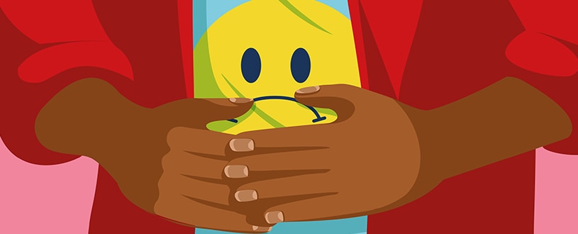 Illustration of a person’s torso showing a shirt with a sad face on it as the person holds their stomach in pain.