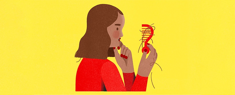 Illustration of a woman looking at her lost hair gathered in a comb.