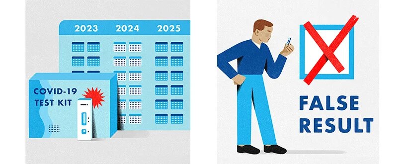 Left: Illustration of an at-home COVID-19 test kit. Right: Illustration of a man holding a COVID-19 at-home test that is giving a false result.
