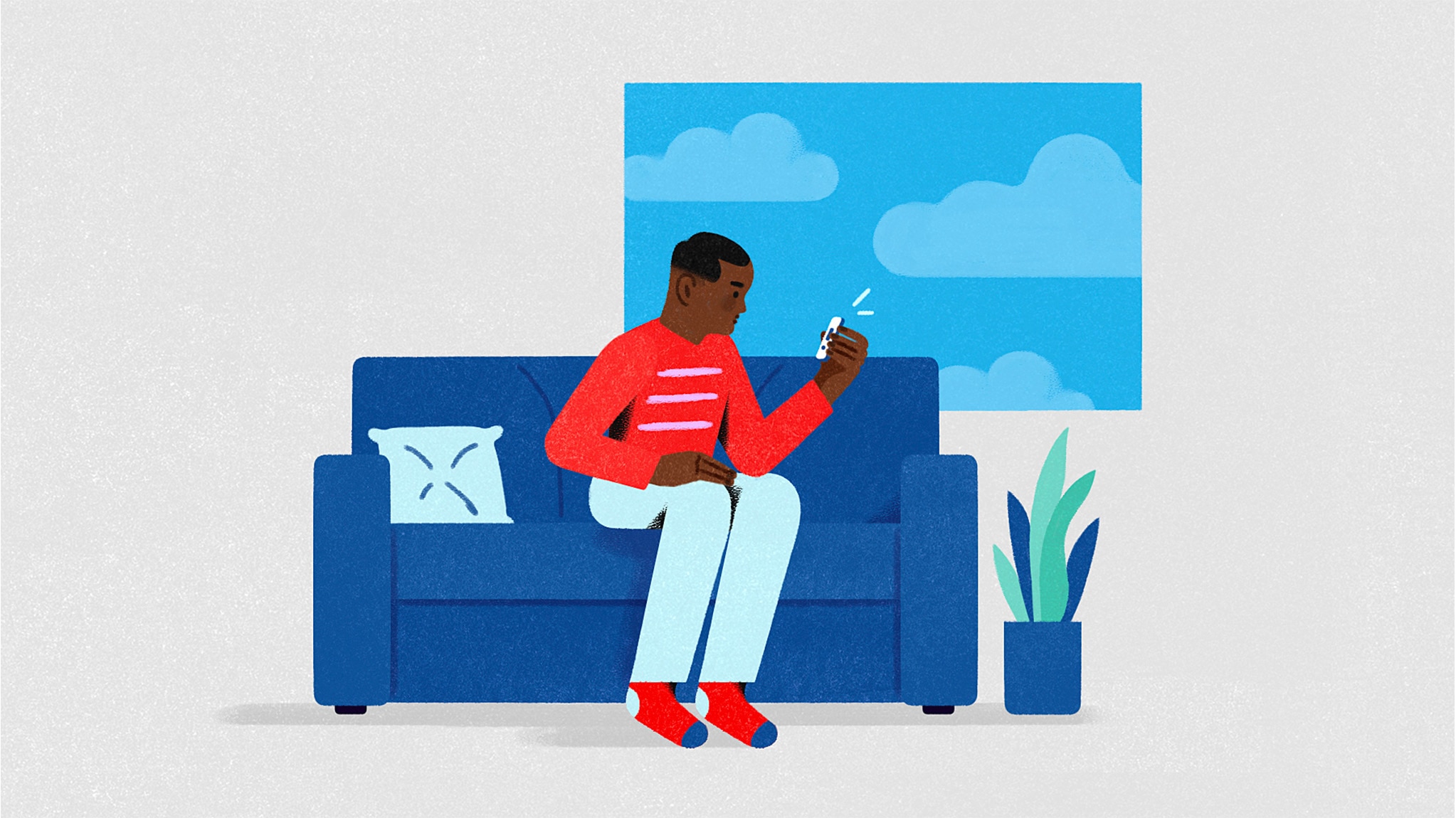 Illustration of a young man taking an at-home COVID-19 test in his living room.
