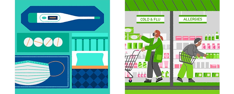 : Left: A thermometer, mask, bed and pills for treating COVID-19. Right: Illustration of a young woman shopping in the cold & flu aisle and an older woman shopping in the allergies aisle.