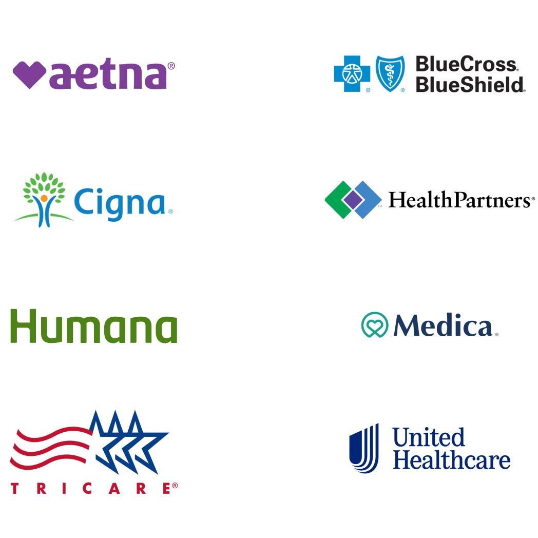 Logos for Aetna, BlueCross BlueShield, Cigna, HealthPartners, Humana, Medica, Tricare, and United Healthcare.